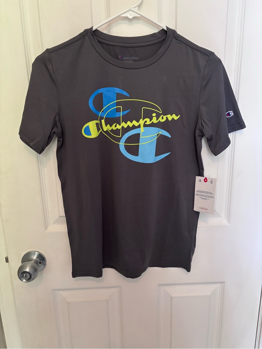 Champion Athletic Athleisure T-Shirt Blue/Neon Yellow/Green Logo Boys M 10/12